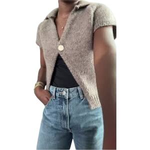 ZARA Short-Sleeve Knit Cardigan Sweater Vest, Taupe Wool Blend, Size S, NWT
